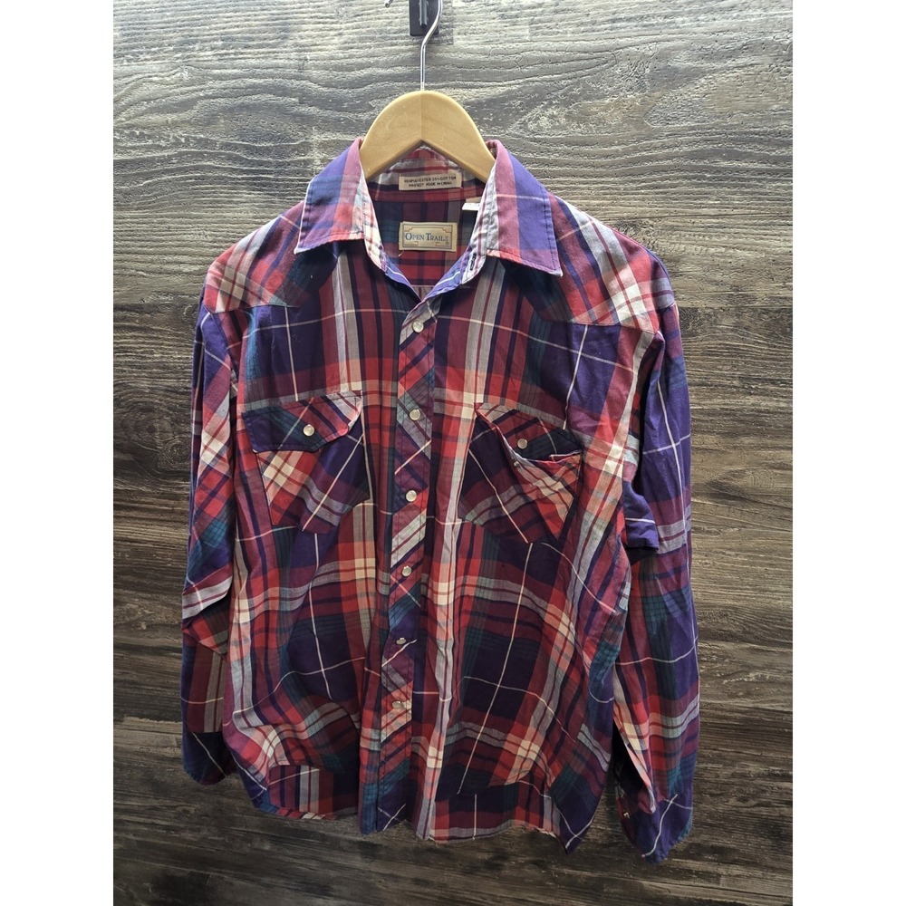Open Trail Mens Western Shirt‎ Size Medium Blue Red Plaid Vintage Pearl Snaps
